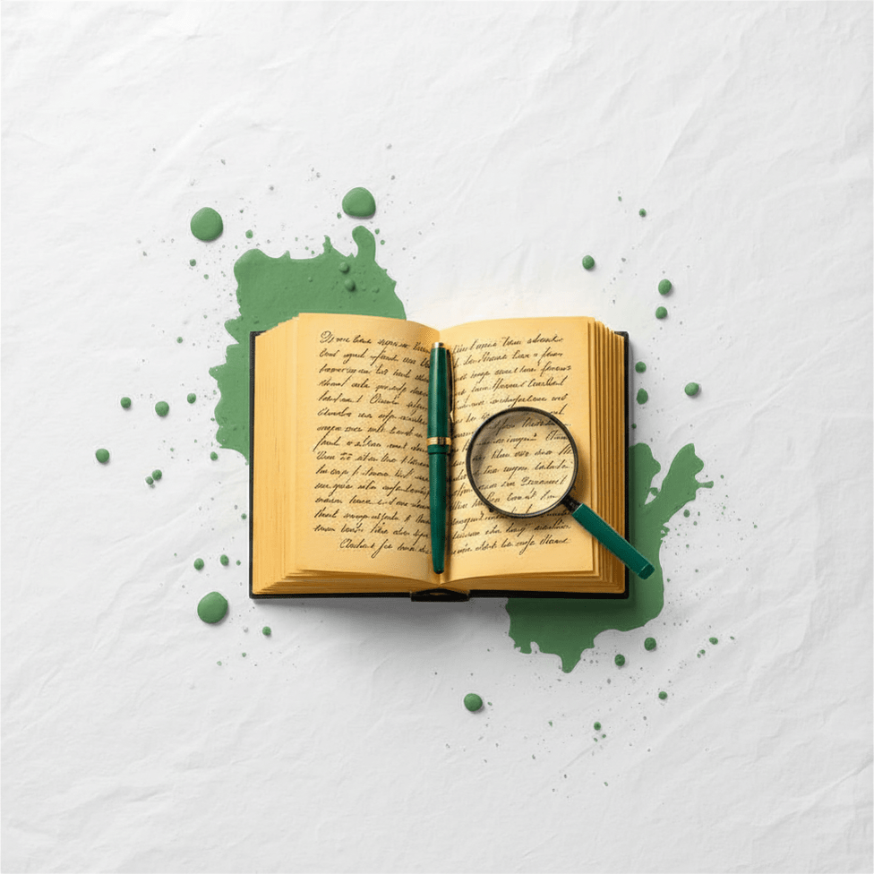 correction-relecture-livre-loupe-splashes-verts Correction et relecture de manuscrit : livre ouvert avec une loupe et des splashes verts, symbolisant une analyse minutieuse pour un texte irréprochable.