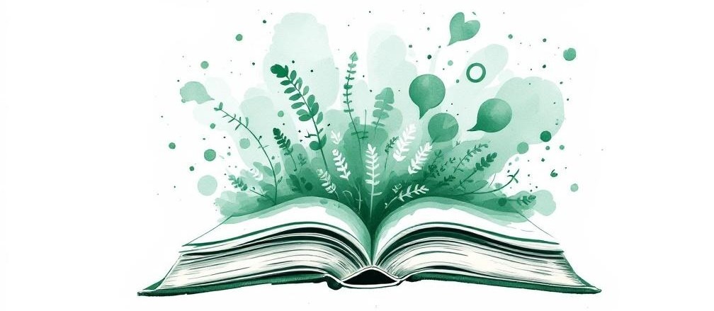 packs-auteurs-livre-feuilles-splashes-verts-aquarelle Packs Auteurs : livre ouvert avec des feuilles et splashes verts en aquarelle, symbolisant un accompagnement complet en correction et rédaction Web pour auteurs auto-édités.