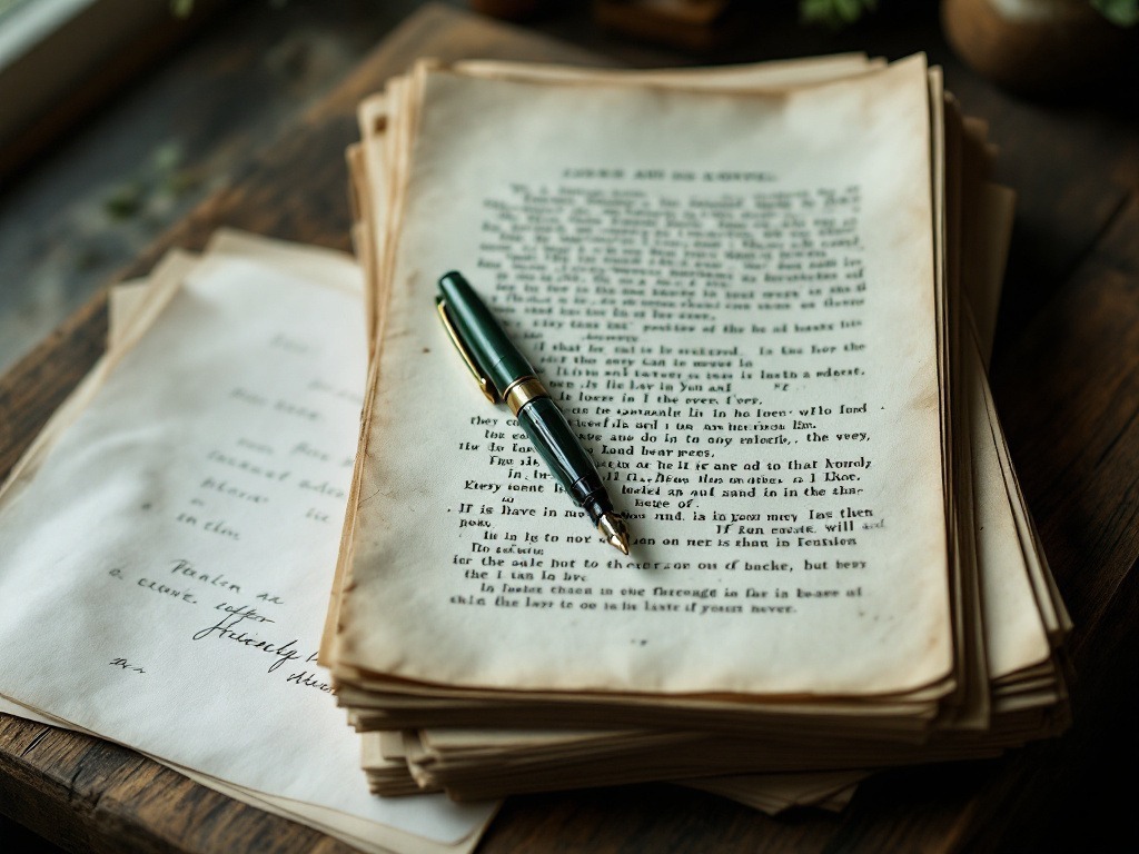 Photo vue de dessus d'un manuscrit sur un bureau en bois : pages annotées de corrections manuscrites à l'encre verte, plume verte posée sur le texte et devis imprimé à côté, dans une lumière naturelle douce.